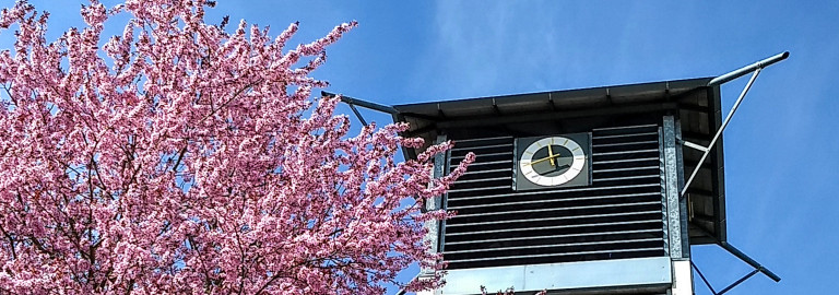 Kirchturm der Johanneskirche im Frühjahr